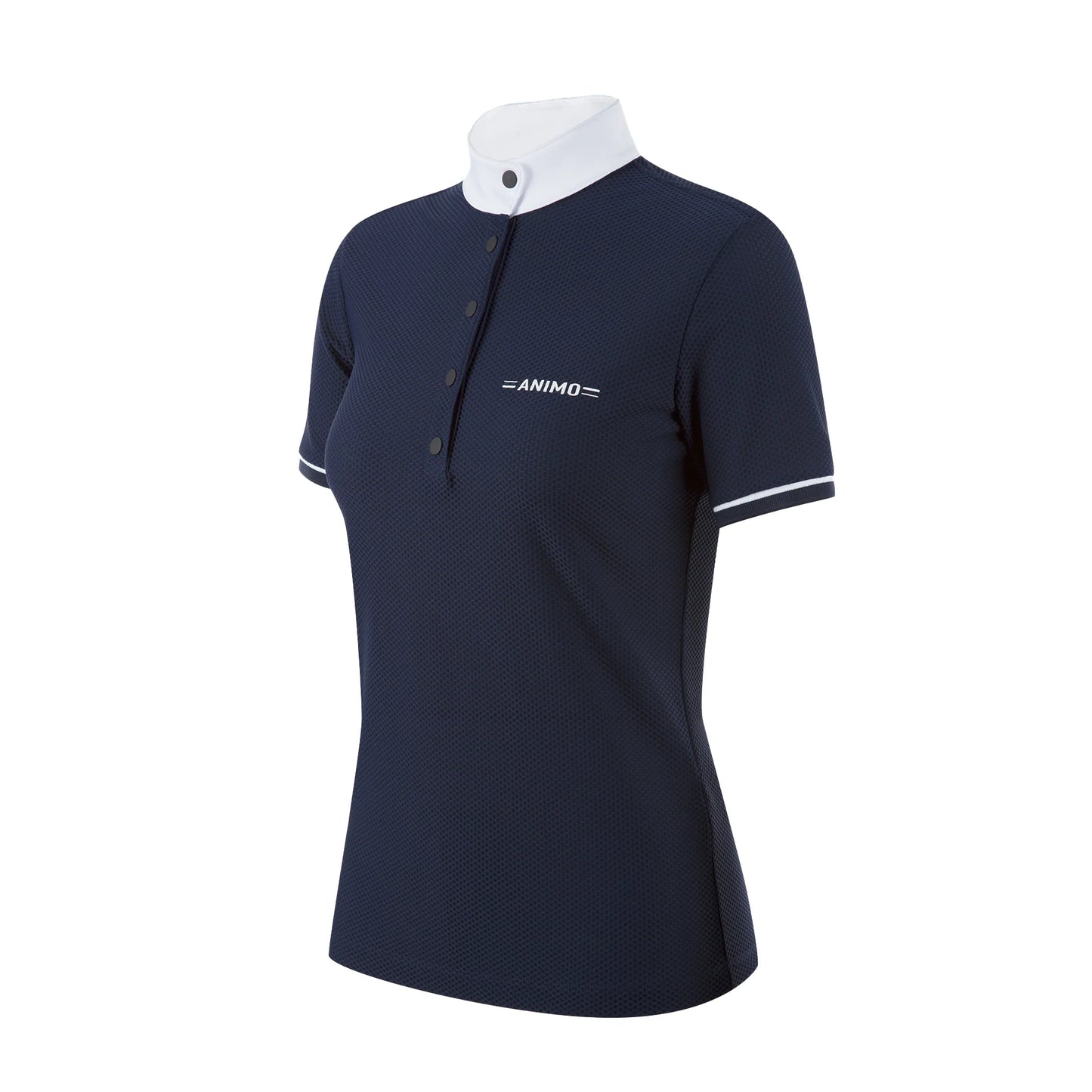Navy polo shirt with white collar and ANIMO logo on a white background