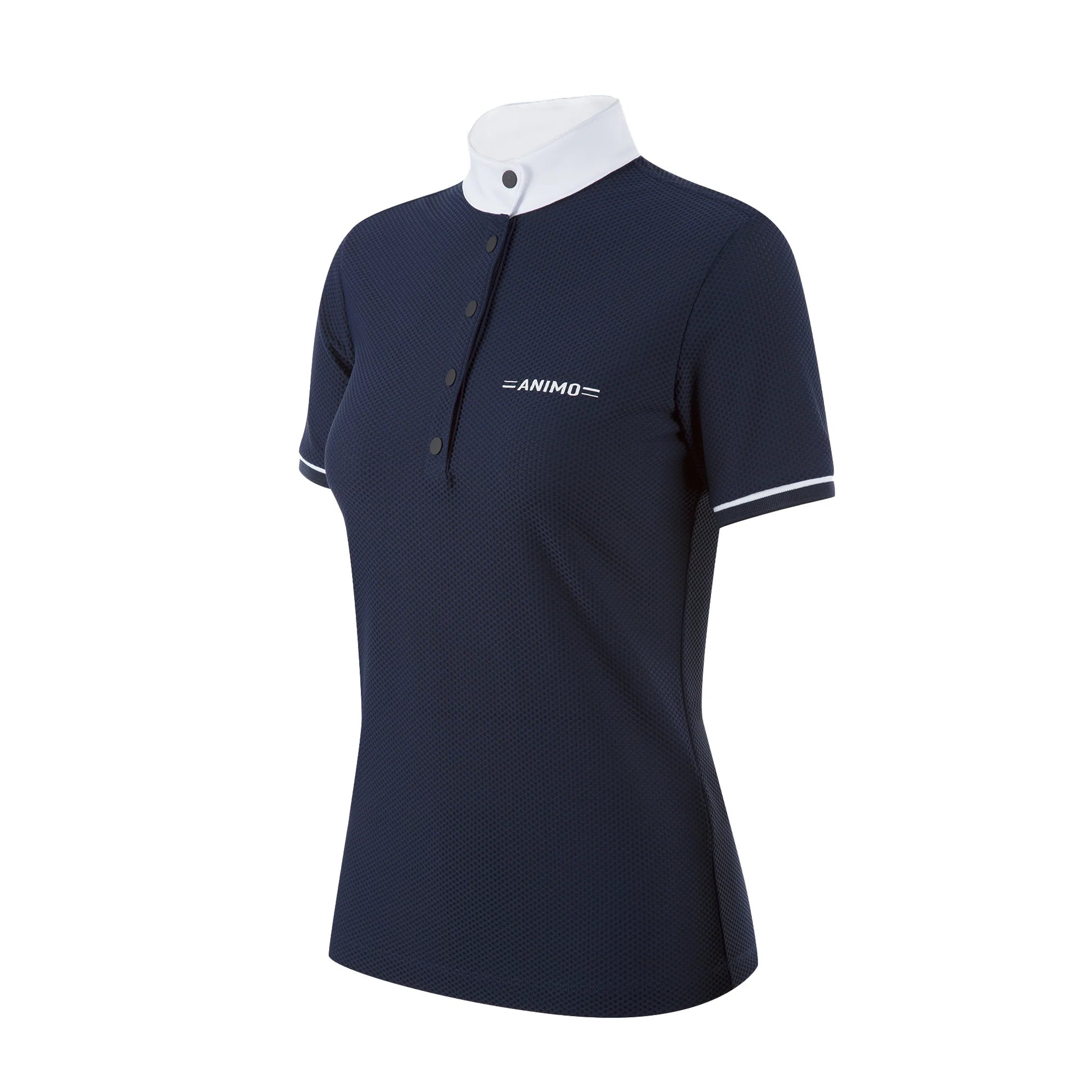 Navy polo shirt with white collar and ANIMO logo on a white background
