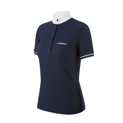 Navy polo shirt with white collar and ANIMO logo on a white background