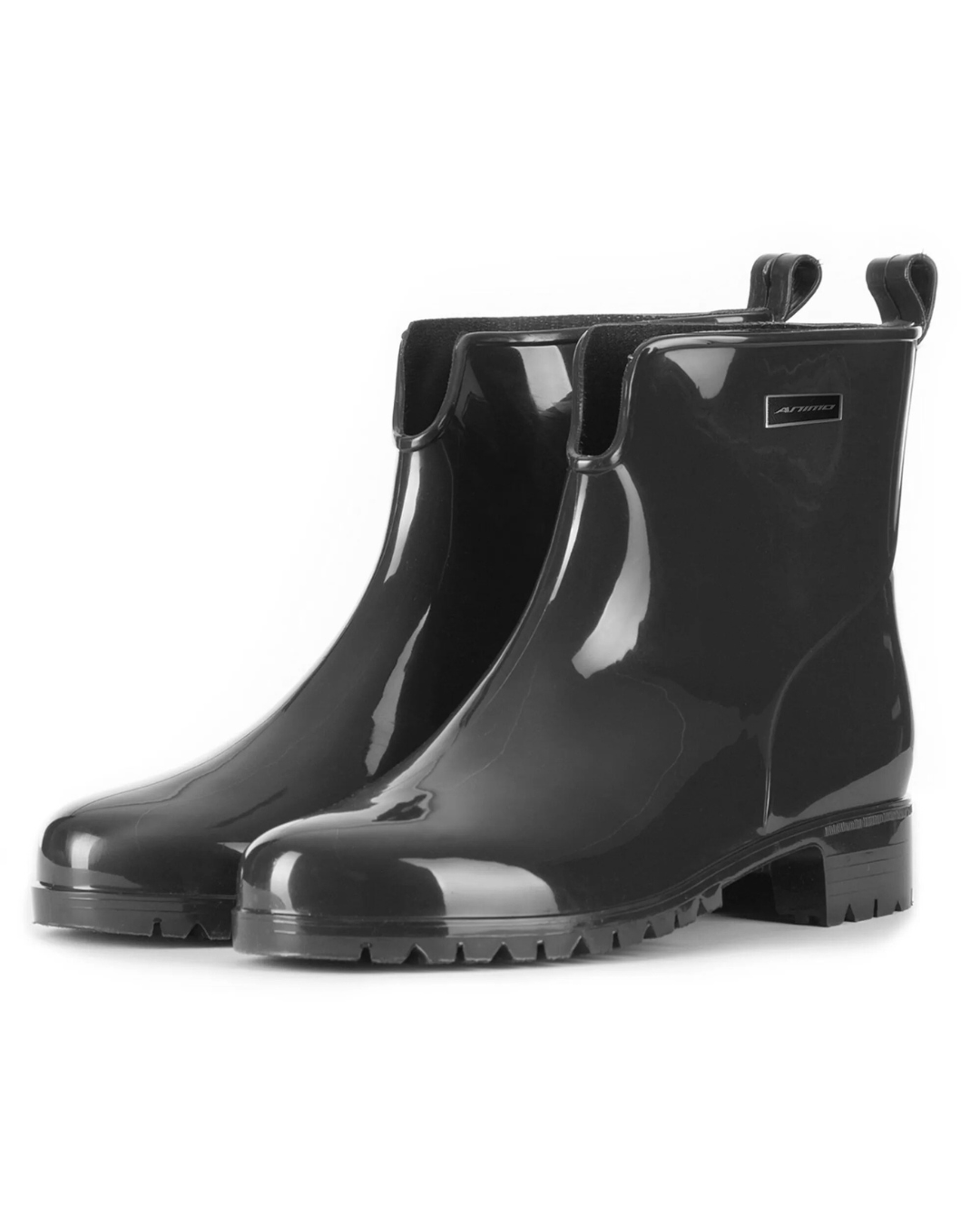 Black glossy rain boots on a white background