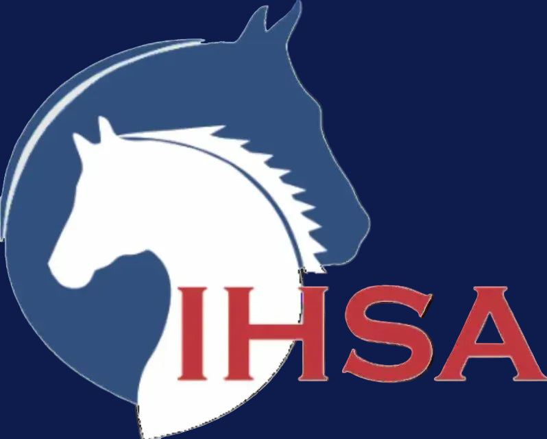 Logo of IHSA with a horse silhouette in blue and white on a blue background