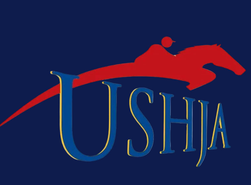 Logo of USHJA with a red horse and blue text on a blue background